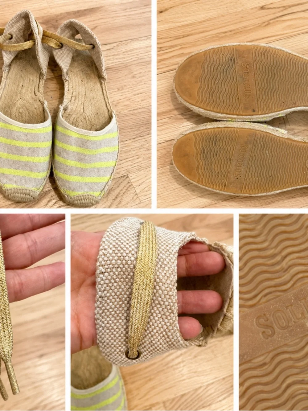 Soludos Lace-Up Espadrille Flats Linen Neon Stripe Gold Tie Sandals Size 7